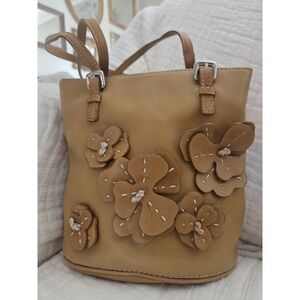 Vtg Nine West 3 D Floral Bucket‎ Shoulder Bag Purse Tan